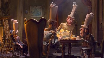 Movie still from “The Boxtrolls” (2014), directed by Anthony Stacchi – A person sitting at a table with a bunch of food; Wide shot, Over the shoulder angle