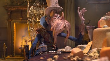 Movie still from “The Boxtrolls” (2014), directed by Anthony Stacchi – A statue of a man in a top hat; Medium shot, Over the shoulder angle