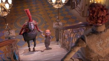 Movie still from “The Boxtrolls” (2014), directed by Anthony Stacchi – A man walking down the stairs next to a woman; Wide shot, High angle