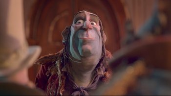Movie still from “The Boxtrolls” (2014), directed by Anthony Stacchi – A person's face in a costume; Close Up shot, Low angle
