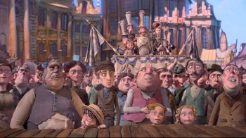 Movie still from “The Boxtrolls” (2014), directed by Anthony Stacchi – A group of people sitting in front of a building; Wide shot, High angle