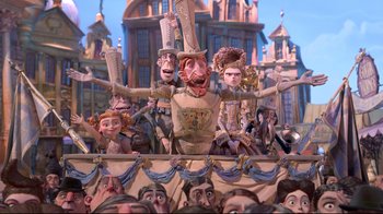 Movie still from “The Boxtrolls” (2014), directed by Anthony Stacchi – A group of people in costumes on a stage; Wide shot, Low angle