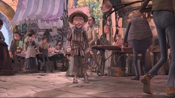 Movie still from “The Boxtrolls” (2014), directed by Anthony Stacchi – An animated character is standing in front of a group of people; Wide shot, High angle