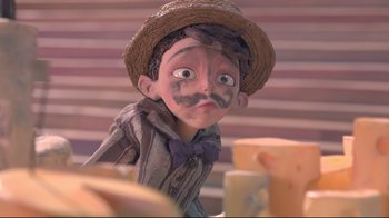 Movie still from “The Boxtrolls” (2014), directed by Anthony Stacchi – A character's face in a cartoon; Close Up shot, Over the shoulder angle