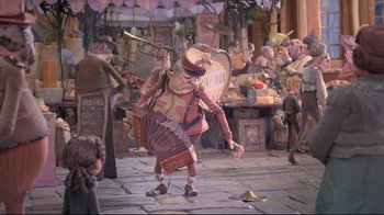 Movie still from “The Boxtrolls” (2014), directed by Anthony Stacchi – A group of people that are standing in the street; Wide shot, High angle