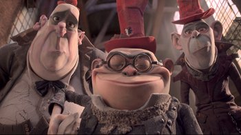 Movie still from “The Boxtrolls” (2014), directed by Anthony Stacchi – A group of cartoon characters wearing hats and glasses; Medium shot, Low angle