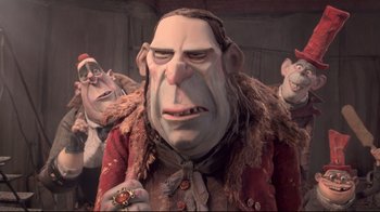 Movie still from “The Boxtrolls” (2014), directed by Anthony Stacchi – A group of people standing next to each other; Medium shot, Low angle