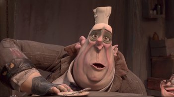 Movie still from “The Boxtrolls” (2014), directed by Anthony Stacchi – An animated character is sitting on a couch; Close Up shot, Low angle