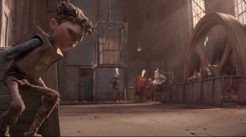 Movie still from “The Boxtrolls” (2014), directed by Anthony Stacchi – A group of people standing in an industrial setting; Wide shot, Low angle