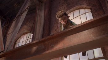 Movie still from “The Boxtrolls” (2014), directed by Anthony Stacchi – A young boy leaning on a metal beam; Wide shot, Low angle