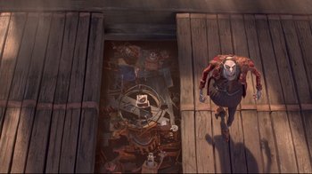 Movie still from “The Boxtrolls” (2014), directed by Anthony Stacchi – An overhead view of a person walking on a wooden platform; Wide shot, Overhead angle