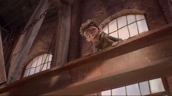 Movie still from “The Boxtrolls” (2014), directed by Anthony Stacchi – A boy is looking over the top of a metal structure; Wide shot, Low angle