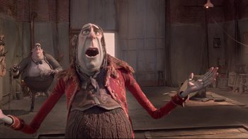 Movie still from “The Boxtrolls” (2014), directed by Anthony Stacchi – A woman in a red jacket and a brown hat; Medium shot, Low angle