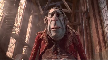Movie still from “The Boxtrolls” (2014), directed by Anthony Stacchi – An animated character is looking at the camera; Medium shot, Low angle