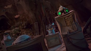 Movie still from “The Boxtrolls” (2014), directed by Anthony Stacchi – A person's head in a box; Wide shot, Low angle