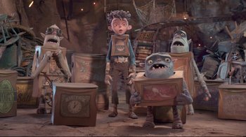 Movie still from “The Boxtrolls” (2014), directed by Anthony Stacchi – A group of people standing next to each other in a room; Wide shot, Low angle