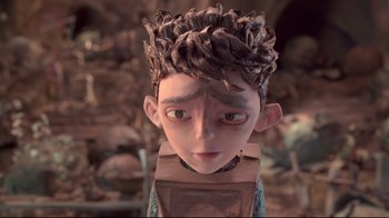 Movie still from “The Boxtrolls” (2014), directed by Anthony Stacchi – The head of a character in the animated movie paranorman; Close Up shot, Over the shoulder angle