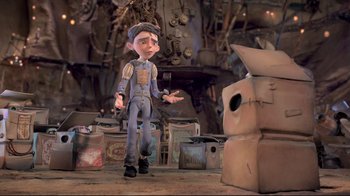 Movie still from “The Boxtrolls” (2014), directed by Anthony Stacchi – A cartoon character is standing next to an object in a room; Wide shot, Low angle