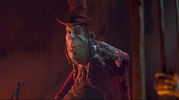 Movie still from “The Boxtrolls” (2014), directed by Anthony Stacchi – The head of a character in a costume; Medium shot, Low angle