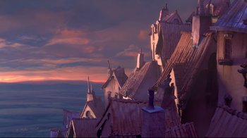 Movie still from “The Boxtrolls” (2014), directed by Anthony Stacchi – A bunch of buildings that are on the roof of a building; Extreme Wide shot, Low angle