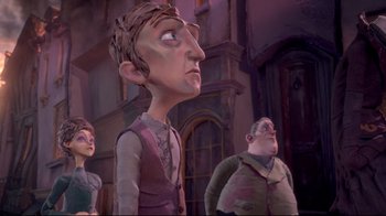 Movie still from “The Boxtrolls” (2014), directed by Anthony Stacchi – A group of people standing next to each other in front of a building; Medium shot, Low angle
