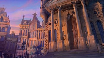 Movie still from “The Boxtrolls” (2014), directed by Anthony Stacchi – An artistic painting of a building with columns and pillars; Extreme Wide shot, Low angle