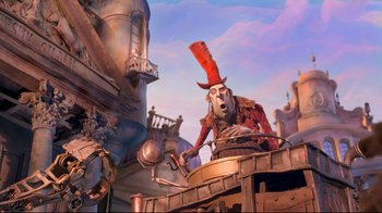 Movie still from “The Boxtrolls” (2014), directed by Anthony Stacchi – An image of an animated character on a platform; Wide shot, Low angle