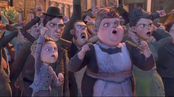 Movie still from “The Boxtrolls” (2014), directed by Anthony Stacchi – A group of people standing next to each other; Medium shot, Low angle