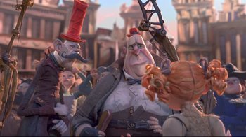 Movie still from “The Boxtrolls” (2014), directed by Anthony Stacchi – A group of people standing next to each other in a crowd; Medium shot, Low angle