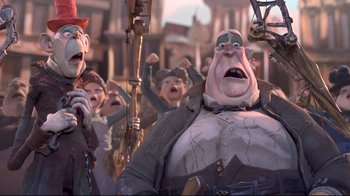 Movie still from “The Boxtrolls” (2014), directed by Anthony Stacchi – A bunch of people that are standing in the street; Medium shot, Low angle