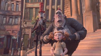 Movie still from “The Boxtrolls” (2014), directed by Anthony Stacchi – A scene from the animated movie ' hotel transylvania '; Wide shot, Low angle