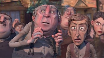 Movie still from “The Boxtrolls” (2014), directed by Anthony Stacchi – A group of people with their mouths open; Medium shot, Low angle