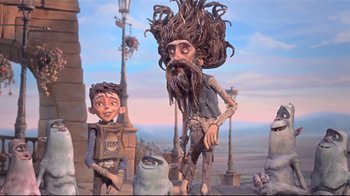 Movie still from “The Boxtrolls” (2014), directed by Anthony Stacchi – A painting of a man with a beard and a boy with a beard; Wide shot, Low angle