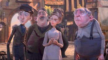 Movie still from “The Boxtrolls” (2014), directed by Anthony Stacchi – A group of people standing next to each other on a street; Medium shot, Over the shoulder angle