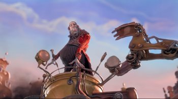 Movie still from “The Boxtrolls” (2014), directed by Anthony Stacchi – An image of an animated character riding a motorcycle; Wide shot, Low angle