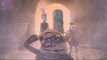Movie still from “The Boxtrolls” (2014), directed by Anthony Stacchi – A group of people standing next to each other; Medium shot, Low angle