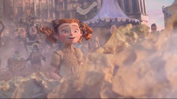 Movie still from “The Boxtrolls” (2014), directed by Anthony Stacchi – A girl is standing next to a pile of sand; Medium shot, Low angle