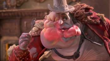 Movie still from “The Boxtrolls” (2014), directed by Anthony Stacchi – A statue of a person with a fork; Extreme Close Up shot, Over the shoulder angle
