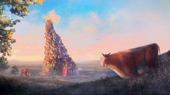 Movie still from “The Boxtrolls” (2014), directed by Anthony Stacchi – A cow standing in front of a large pile of rocks; Extreme Wide shot, Low angle