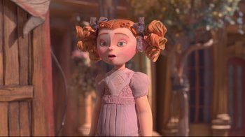 Movie still from “The Boxtrolls” (2014), directed by Anthony Stacchi – A cartoon of a little girl with pigtails; Medium shot, Over the shoulder angle
