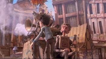 Movie still from “The Boxtrolls” (2014), directed by Anthony Stacchi – A scene with a man sitting on a chair; Wide shot, Low angle