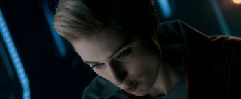 Movie still from “The Cloverfield Paradox” (2018), directed by Julius Onah – A person with short hair; Close Up shot, Overhead angle