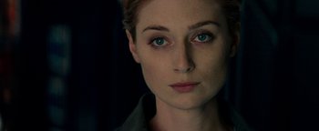 Movie still from “The Cloverfield Paradox” (2018), directed by Julius Onah – A person with blue eyes; Close Up shot, Over the shoulder angle