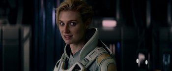 Movie still from “The Cloverfield Paradox” (2018), directed by Julius Onah – A person wearing a space suit; Close Up shot, Over the shoulder angle