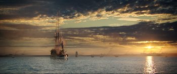 Movie still from “Mr. Turner” (2014), directed by Mike Leigh – A boat sailing on a large body of water; Extreme Wide shot, Low angle