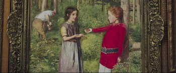 Movie still from “Mr. Turner” (2014), directed by Mike Leigh – A painting of a boy and a girl in a forest; Medium shot, Over the shoulder angle