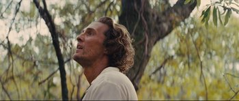 Movie still from “Mud” (2012), directed by Jeff Nichols – A person wearing a white shirt near a tree; Close Up shot, Low angle
