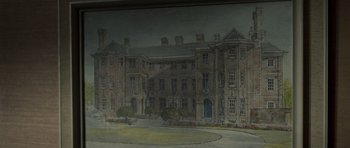 Movie still from “Never Let Me Go” (2010), directed by Mark Romanek – A painting of an old building in the middle of the night; Extreme Wide shot, High angle