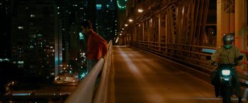 Movie still from “The Dictator” (2012), directed by Larry Charles – A man standing on the side of a bridge at night; Extreme Wide shot, High angle