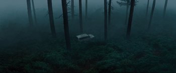 Movie still from “No Time to Die” (2021), directed by Cary Joji Fukunaga – An abandoned car in the middle of the woods; Extreme Wide shot, High angle